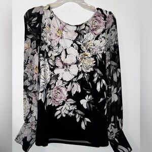 White House Black Market Floral Blouse - Black and Pink